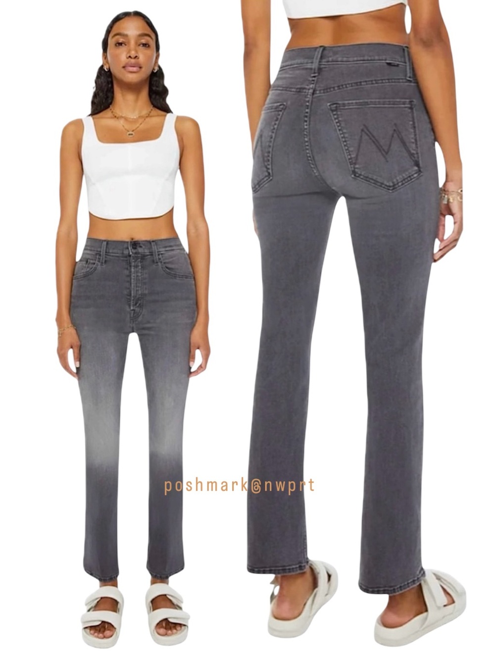 MOTHER Tripper Ankle High Waisted Lighting Up Lanterns Dark Grey Washed Black 24